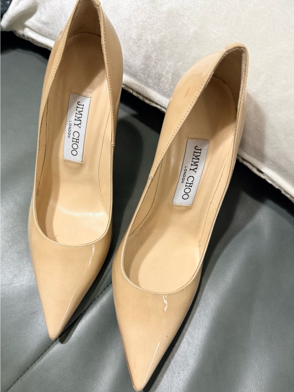 Jimmy Choo Beige Patent Leather Pointed-Toe Pumps 371/2